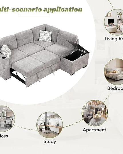 83.8“ L-Shape Sectional Sleeper Sofa with Pull out Bed and Storage Chaise, Chenille Upholstered Couch w/Cup Holder&USB Charge, for Living Room Apartment, 83.8 Inch, Light Gray - LeafyLoom