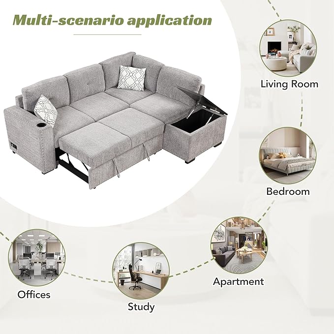 83.8“ L-Shape Sectional Sleeper Sofa with Pull out Bed and Storage Chaise, Chenille Upholstered Couch w/Cup Holder&USB Charge, for Living Room Apartment, 83.8 Inch, Light Gray - LeafyLoom