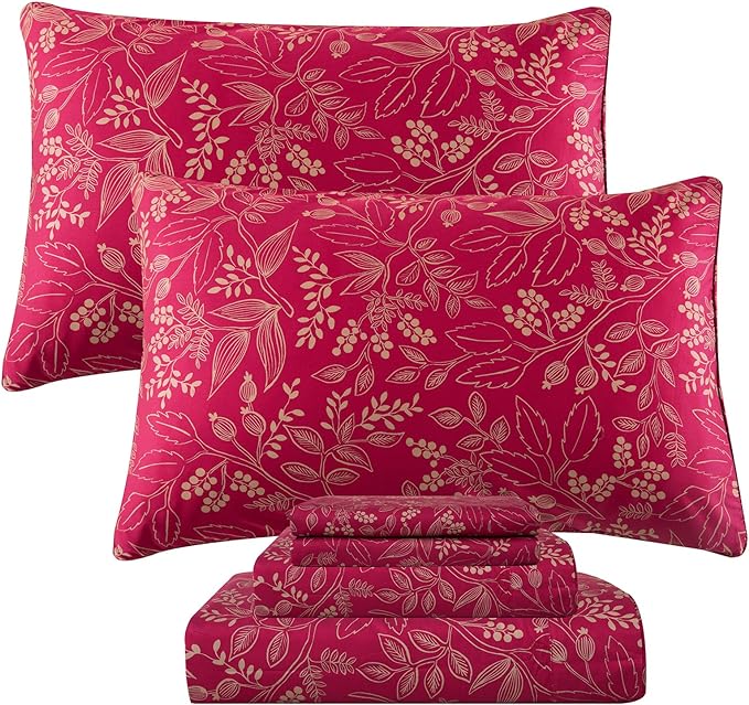 QSH Floral King Size Sheet Sets - 100% Egyptian Cotton Floral Bedding Sheets Red Flower Pattern Botanical Printed Bedding King Size Bed Sheets 17.5" Extra Deep Pocket 4pcs - LeafyLoom