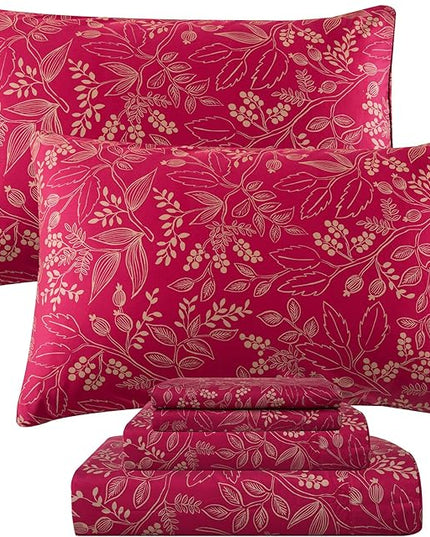 QSH Floral Queen Size Sheet Sets - 100% Egyptian Cotton Sheets Elegant Red Flower Pattern Botanical Printed Bedding Sheets Queen Size Bed Extra Soft and Breathable 4pcs Deep Pockets Bed Sheets - LeafyLoom