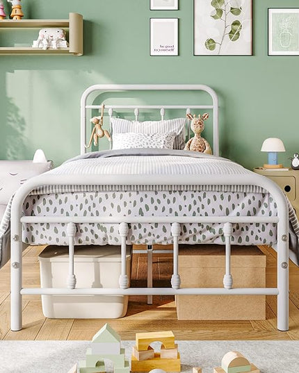 Vintage Twin Size Bed Frame with Headboard and Footboard Mattress Heavy Duty Metal Platform Bed Frame Steel Slat Support (Twin, White) - LeafyLoom