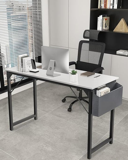 JHK Computer Small Desk Office 32 Inch Writing Work Kids Study Simple Wooden Table for Home Bedroom Modern Style with Headphone Hooks & Storage Bag, White - LeafyLoom