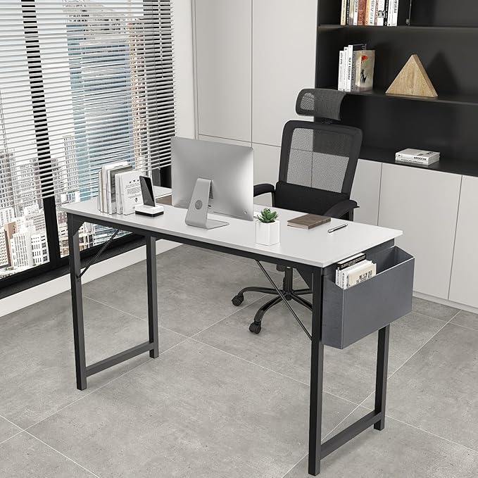 JHK Computer Small Desk Office 32 Inch Writing Work Kids Study Simple Wooden Table for Home Bedroom Modern Style with Headphone Hooks & Storage Bag, White - LeafyLoom
