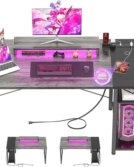 armocity Computer Desk with LED, Gaming Desk with Outlets, 40 Reversible Laptop Table with Monitor Stand, Small Desk for Small Spaces, Grey/Black - LeafyLoom
