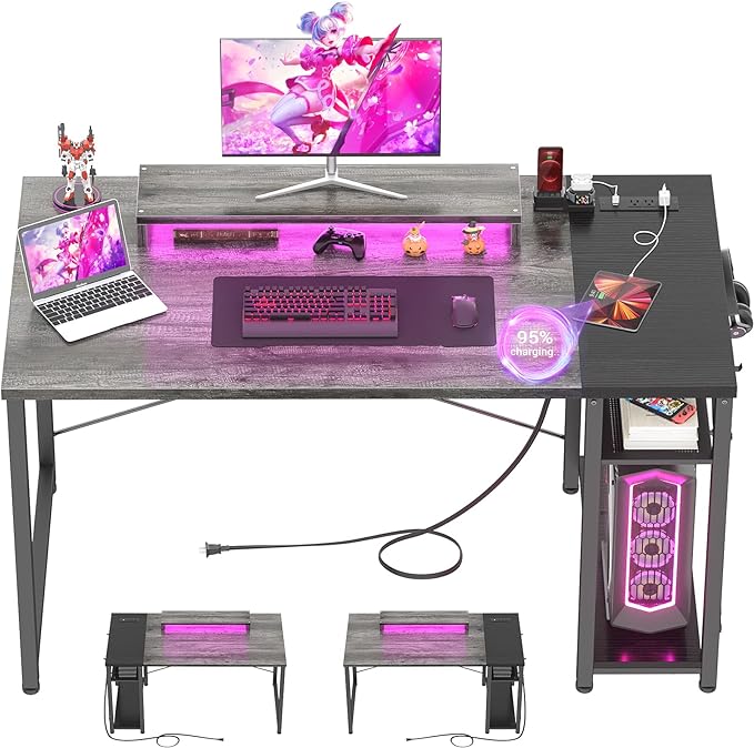 armocity Computer Desk with LED, Gaming Desk with Outlets, 40 Reversible Laptop Table with Monitor Stand, Small Desk for Small Spaces, Grey/Black - LeafyLoom