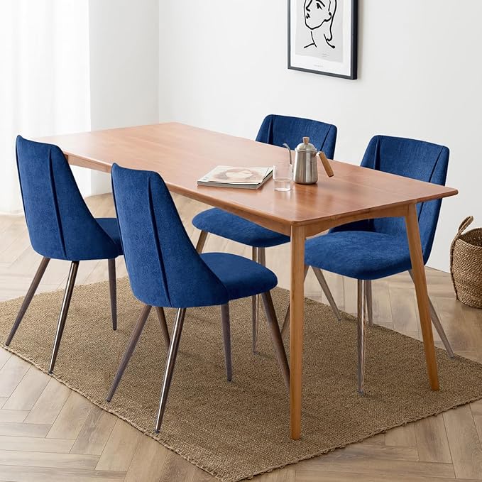 FurnitureR Dining Chairs Set of 2, Upholstered Side Chairs Fabric Armless Living Room Accent Chair with Soft Seat/Metal Legs, Mid-Back Chairs for Home Kitchen Restaurant, Dark Blue - LeafyLoom