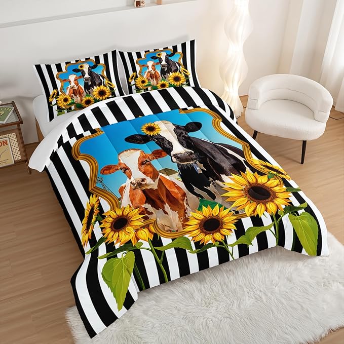 HOSIMA Animal Theme Bedding Set Bull and Cow Comforter with 2 Pillowcases,Black and White Stripes Twin Bed in a Bag Sets for Adults Teens Kids,Sunflower Print Western Bedding Sets. - LeafyLoom