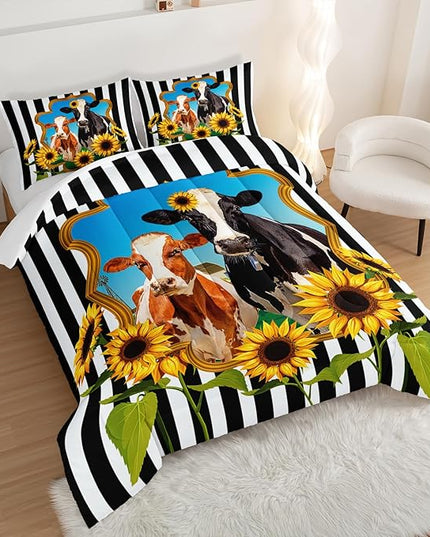 HOSIMA Animal Theme Bedding Set Bull and Cow Comforter with 2 Pillowcase,Black and White Stripes Comforter Set for Adults Teens Kids,Sunflower Print Western Bedding Sets Queen. - LeafyLoom