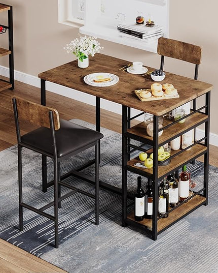 GAOMON Dining Table Set for 2, Kitchen Table and Chairs for 2 with Upholstered Chairs, 3 Piece Counter Height Bar Kitchen Table Set with 3 Storage Shelves for Small Space, Apartment, Rustic Brown - LeafyLoom