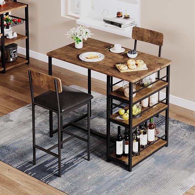 GAOMON Dining Table Set for 2, Kitchen Table and Chairs for 2 with Upholstered Chairs, 3 Piece Counter Height Bar Kitchen Table Set with 3 Storage Shelves for Small Space, Apartment, Rustic Brown - LeafyLoom