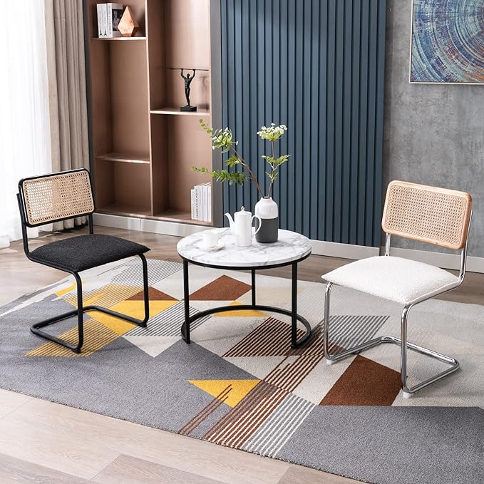 Zesthouse Mid Century Modern Dining Chairs Set of 2, Upholstered Boucle Kitchen Chairs, Famous Breuer Designed Chairs, Armless Accent Chairs with Natural Cane Back & Stainless Chrome Base - LeafyLoom