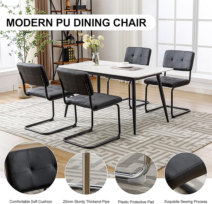 Forevich Mid Century Modern Dining Chairs Set of 2, Leather Kitchen Dining Room Side Chairs Upholstered Armless Accent Chairs with Metal Chrome Legs for Living Room, Bedroom Black - LeafyLoom