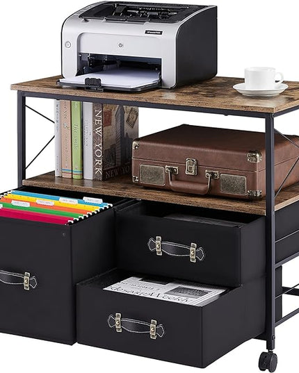 VECELO 3 Drawer Lateral File Cabinet Rolling Printer Stand with Open Storage Shelf, Fits A4 Or Letter Size, with Lockable Casters, Leather Handle, Ideal for Small Spaces, Brown+Black - LeafyLoom