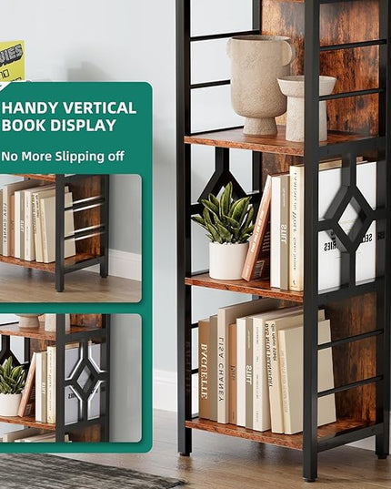 YITAHOME Narrow Bookshelf, 5-Tier Industrial Book Shelf Storage Rack, Display Shelves Stand Etagere for Small Spaces, Open Bookcase for Bedroom Living Room Bathroom Kitchen, Rustic Brown - LeafyLoom