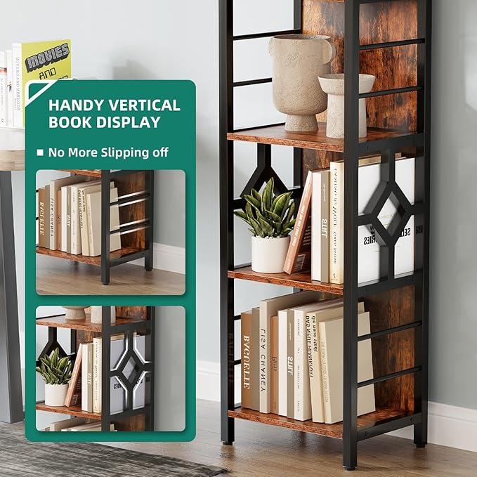 YITAHOME Narrow Bookshelf, 5-Tier Industrial Book Shelf Storage Rack, Display Shelves Stand Etagere for Small Spaces, Open Bookcase for Bedroom Living Room Bathroom Kitchen, Rustic Brown - LeafyLoom