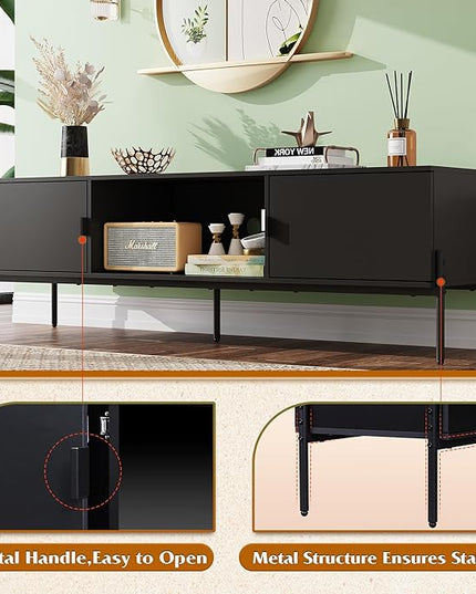 WLIVE Modern TV Stand for 65 Inch TV, Mid Century Entainment Center with Storage, TV Console with Open Shelf and 2 Cabinets for Bedroom and Living Room, TV Cabinet with Metal Legs, Black - LeafyLoom