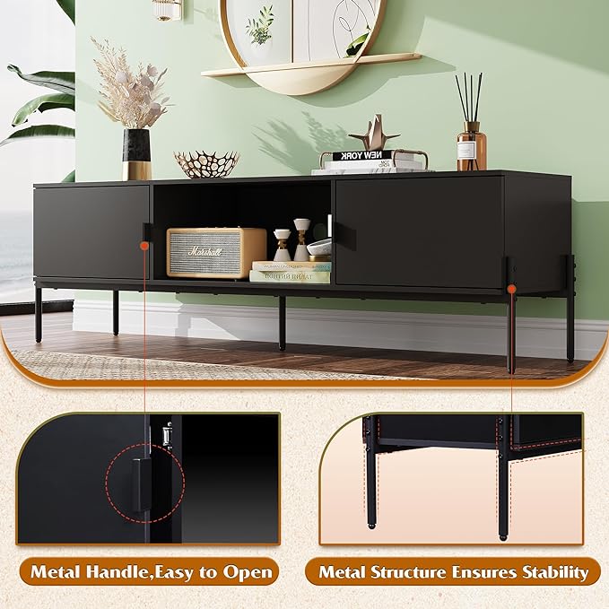 WLIVE Modern TV Stand for 65 Inch TV, Mid Century Entainment Center with Storage, TV Console with Open Shelf and 2 Cabinets for Bedroom and Living Room, TV Cabinet with Metal Legs, Black - LeafyLoom