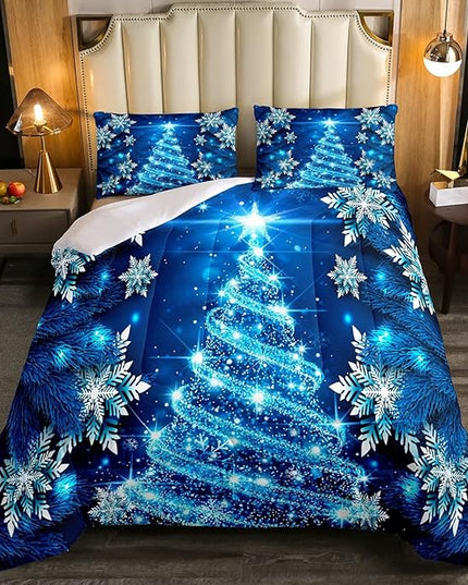 Feelyou Girls Christmas Tree Comforter Set Blue Xmas Theme Comforter Twin Chic Winter Snowflake Bedding Set for Girls Daughter Bedroom Decor Soft Girly Glitter Quilted Duvet Winter Warm Bedding - LeafyLoom