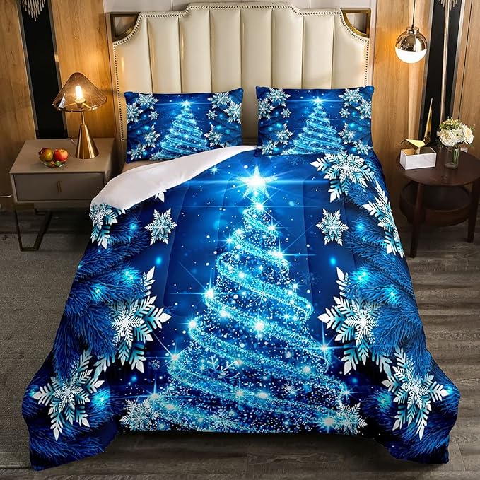 Feelyou Girls Christmas Tree Comforter Set Blue Xmas Theme Comforter Twin Chic Winter Snowflake Bedding Set for Girls Daughter Bedroom Decor Soft Girly Glitter Quilted Duvet Winter Warm Bedding - LeafyLoom