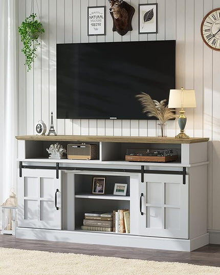 TV Stand with 2 Sliding Barn Doors, 58 Inch TV Stand with Storage Cabinet and Shelves, Television Stands with Storage for Living Room, Bedroom, White - LeafyLoom