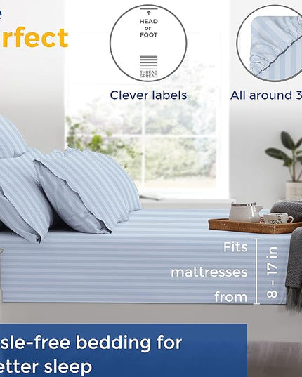 THREAD SPREAD Luxury Egyptian Cotton Queen Stripe Sheet Set, 600 Thread Count Extra Long Staple 4 PC Set, Queen Damask Sheets, Soft, Cooling Sateen Weave Sheets Upto 18" Deep Pocket - Light Blue - LeafyLoom