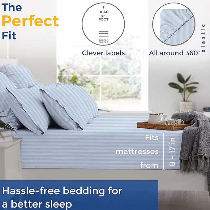 THREAD SPREAD Luxury Egyptian Cotton Queen Stripe Sheet Set, 600 Thread Count Extra Long Staple 4 PC Set, Queen Damask Sheets, Soft, Cooling Sateen Weave Sheets Upto 18" Deep Pocket - Light Blue - LeafyLoom
