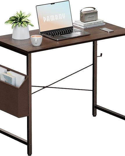Pamray 32 Inch Computer Desk Small Spaces Desk with Storage Bag for Bedroom Writing and Home Office Work Small Study Desk Table Deep Brown - LeafyLoom
