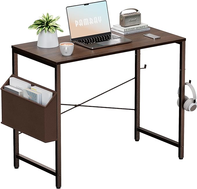 Pamray 32 Inch Computer Desk Small Spaces Desk with Storage Bag for Bedroom Writing and Home Office Work Small Study Desk Table Deep Brown - LeafyLoom