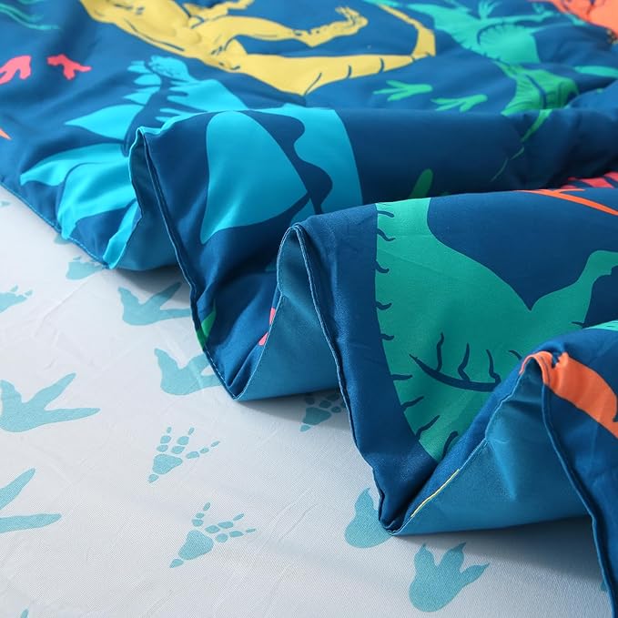 Wajade Boys Dinosaur Comforter Set Bed in A Bag Queen Size 7 Piece 3D Blue Dinosaur Print Bedding Set for Kids Teens(1 Comforter, 1 Flat Sheet, 1 Fitted Sheet, 2 Pillowcase and 2 Pillow Sham) - LeafyLoom