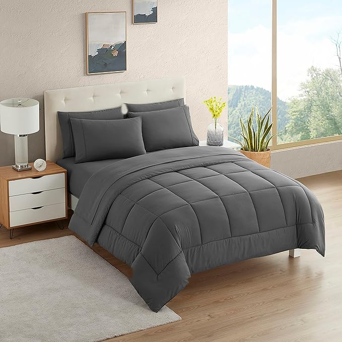 Dorm Room Essentials College Bedding Comforter Set 5 Piece Twin Size Bed in a Bag for College Students Boys and Girls, Twin, Gray - LeafyLoom