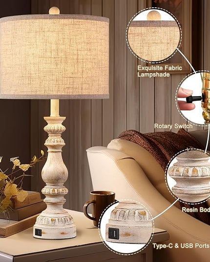 Farmhouse Bedside Table Lamps Set of 2, Bedroom Lamps for Nightstand with USB A+C Ports, 28” Rustic Vintage Living Room Lamps with Rotary Switch - Bulb Not Included - LeafyLoom