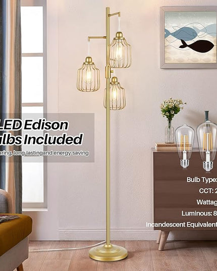 Dimmable Industrial Floor Lamp with 3 LED Edsion Bulbs, Farmhouse Tall Standing Lamp for Living Room, Modern Gold Tree Floor Lamp, Bright Vintage Pole Light with Cage Shades for Bedroom Home Decor - LeafyLoom