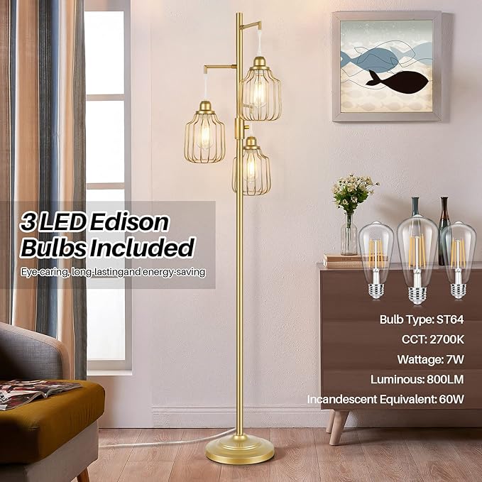 Dimmable Industrial Floor Lamp with 3 LED Edsion Bulbs, Farmhouse Tall Standing Lamp for Living Room, Modern Gold Tree Floor Lamp, Bright Vintage Pole Light with Cage Shades for Bedroom Home Decor - LeafyLoom