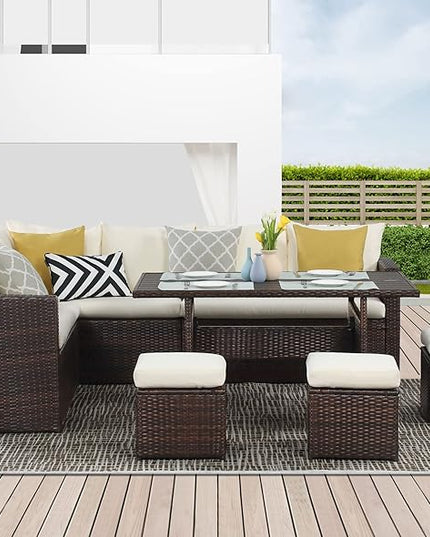 Wisteria Lane Patio Furniture Set, 7 Piece Outdoor Dining Sectional Sofa with Dining Table and Chair, All Weather Wicker Conversation Set with Ottoman, Ivory - LeafyLoom