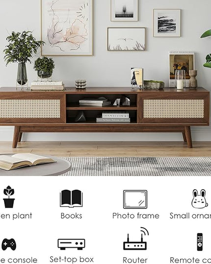 STARY 65''Mid Century Modern TV Stand,Boho Media Console Entertainment Center with Cable Management for Living Room, Walnut - LeafyLoom