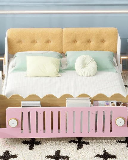 Full size Car-Shaped Platform Bed with Soft Cushion,Wooden Car Bedframe W/Footboard in-Build Shelves,Easy Assembly,Fun Play Design,Bedroom Furniture for Boys Girls Kids Toddlers Teens,White - LeafyLoom