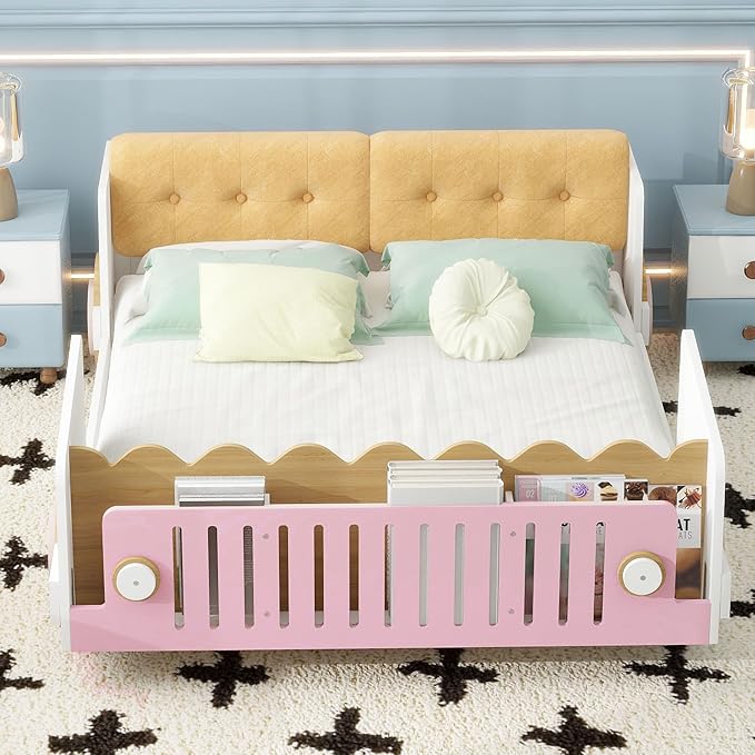 Full size Car-Shaped Platform Bed with Soft Cushion,Wooden Car Bedframe W/Footboard in-Build Shelves,Easy Assembly,Fun Play Design,Bedroom Furniture for Boys Girls Kids Toddlers Teens,White - LeafyLoom