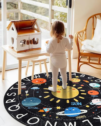 Round ABC Kids Rug,5.2 Ft Soft Circle Alphabet Playroom Rug,Washable Non-Slip Solar System Kids Play Rug,Space Educational Rug Kids Carpet for Classroom Playroom Bedroom Kids Room Decor - LeafyLoom