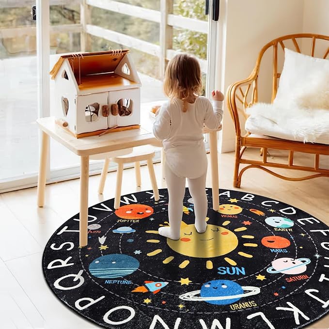 Round ABC Kids Rug,5.2 Ft Soft Circle Alphabet Playroom Rug,Washable Non-Slip Solar System Kids Play Rug,Space Educational Rug Kids Carpet for Classroom Playroom Bedroom Kids Room Decor - LeafyLoom