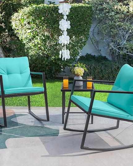 Greesum 3 Pieces Rocking Wicker Bistro Set, Patio Outdoor Furniture Conversation Sets with Porch Chairs and Glass Coffee Table, Blue - LeafyLoom