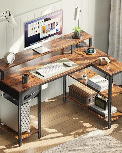 SUPERJARE 47 inch Reversible L Shaped Desk with LED Lights & Power Outlets, Computer Desk with Shelves & Monitor Stand, Gaming Desk with Drawer, Home Office Desk Corner Desk, Rustic Brown - LeafyLoom