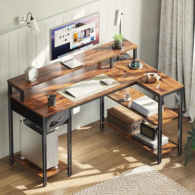 SUPERJARE 47 inch Reversible L Shaped Desk with LED Lights & Power Outlets, Computer Desk with Shelves & Monitor Stand, Gaming Desk with Drawer, Home Office Desk Corner Desk, Rustic Brown - LeafyLoom