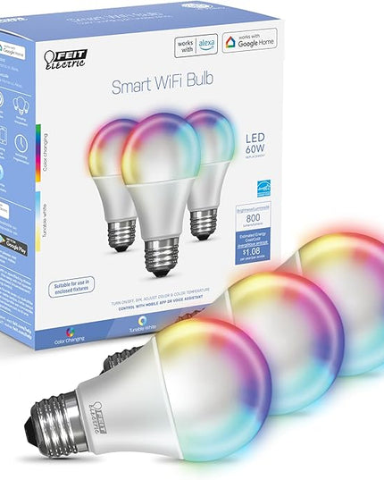 Feit Electric Smart Light Bulbs with RGB Color Changing and Tunable White, 2.4Ghz WiFi Light Bulbs, No Hub Needed, Works with Alexa and Google, Dimmable 60 Watt = LED 9W, OM60/RGBW/CA/AG/3, 3 Pack FeitElectricCompany