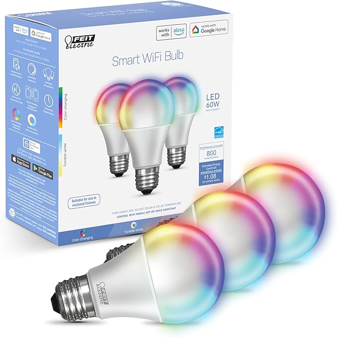 Feit Electric Smart Light Bulbs with RGB Color Changing and Tunable White, 2.4Ghz WiFi Light Bulbs, No Hub Needed, Works with Alexa and Google, Dimmable 60 Watt = LED 9W, OM60/RGBW/CA/AG/3, 3 Pack FeitElectricCompany