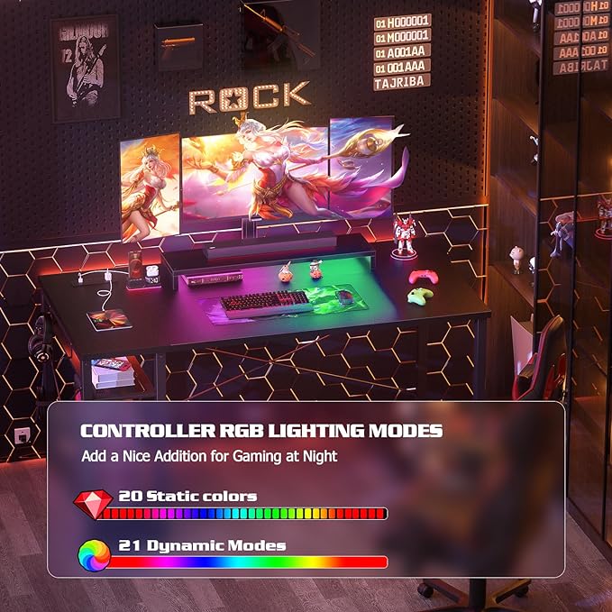 armocity Computer Desk with LED Lights, Gaming Desk with Power Outlet and USB, 40 Reversible Laptop Table with Moveable Monitor Stand, Small Desk for Small Spaces, Office, Gaming Room, Black - LeafyLoom