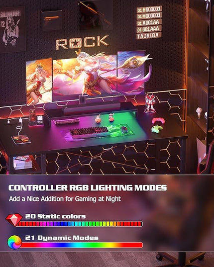 armocity 47 Gaming Computer Desk with LED Lights, Power Outlet and USB, Reversible Laptop Table with Moveable Monitor Stand for Small Spaces, Office, Gaming Room, Black - LeafyLoom