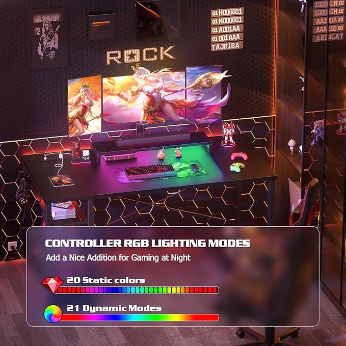 armocity 47 Gaming Computer Desk with LED Lights, Power Outlet and USB, Reversible Laptop Table with Moveable Monitor Stand for Small Spaces, Office, Gaming Room, Black - LeafyLoom