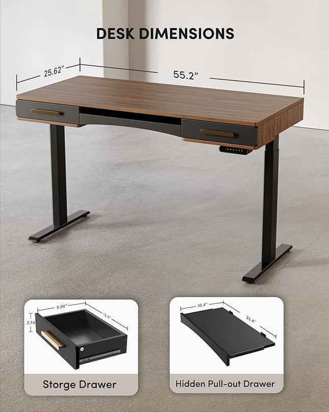BANTI 55" x 26" Electric Standing Desk, Mid-Century Modern Desk with 3 Drawers, Stand Up Home Office Desks, Vintage Top - LeafyLoom