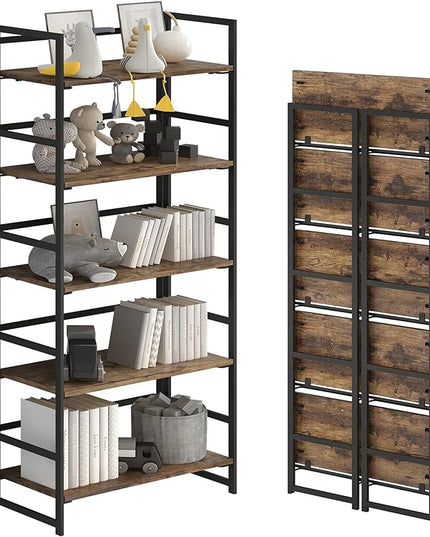 No-Assembly Folding Bookshelf Storage Shelves 5 Tiers Vintage Multifunctional Plant Flower Stand Storage Rack Shelves Bookcase for Home Office (Fire Board) - LeafyLoom