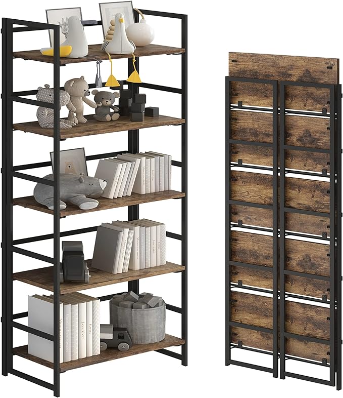 No-Assembly Folding Bookshelf Storage Shelves 5 Tiers Vintage Multifunctional Plant Flower Stand Storage Rack Shelves Bookcase for Home Office (Fire Board) - LeafyLoom